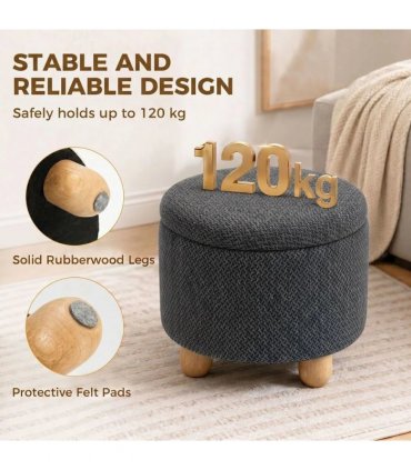 HOMCOM Storage Sitting Bench with Lid, Round Storage Ottoman with Rubberwood Legs, Dark Grey