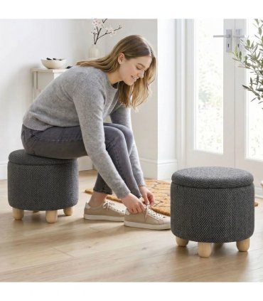 HOMCOM Storage Sitting Bench with Lid, Round Storage Ottoman with Rubberwood Legs, Dark Grey