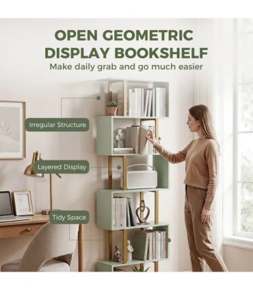 HOMCOM S-Shaped Bookshelf, 6-Tier Bookcase, Freestanding Storage Shelves with Anti-Tip Strap for Living Room, Light Green