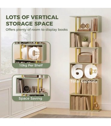 HOMCOM S-Shaped Bookshelf, 6-Tier Bookcase, Freestanding Storage Shelves with Anti-Tip Strap for Living Room, Light Green