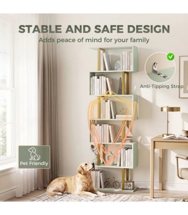HOMCOM S-Shaped Bookshelf, 6-Tier Bookcase, Freestanding Storage Shelves with Anti-Tip Strap for Living Room, Light Green