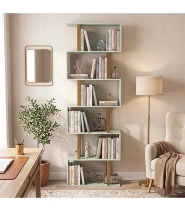 HOMCOM S-Shaped Bookshelf, 6-Tier Bookcase, Freestanding Storage Shelves with Anti-Tip Strap for Living Room, Light Green