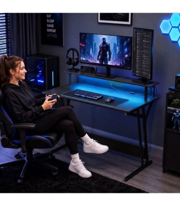 HOMCOM Two-Level LED Gaming Desk - Black
