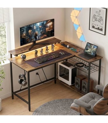 HOMCOM Reversible 'L' LED Light Gaming/Work Desk - Rustic Brown