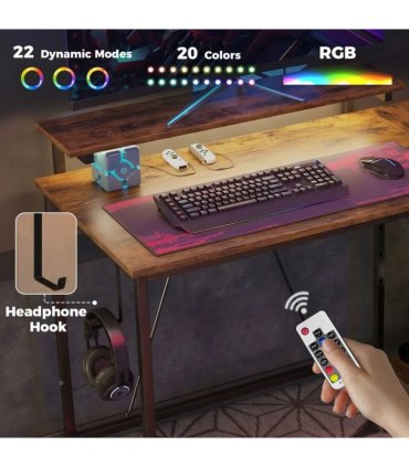 HOMCOM Reversible 'L' LED Light Gaming/Work Desk - Rustic Brown