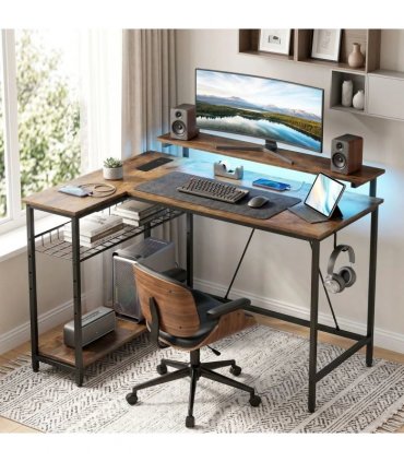 HOMCOM Reversible 'L' LED Light Gaming/Work Desk - Rustic Brown
