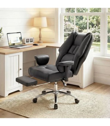 HOMCOM Executive Office Chair, Reclining Desk Chair with Footrest, Adjustable Armrests, Pet Friendly Faux Leather, Black