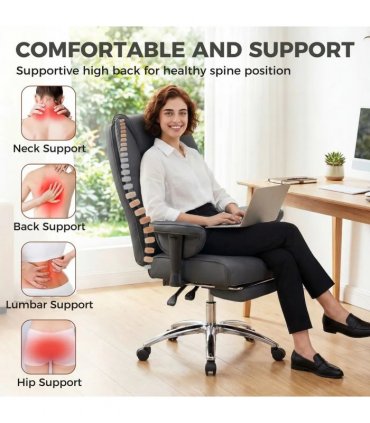 HOMCOM Executive Office Chair, Reclining Desk Chair with Footrest, Adjustable Armrests, Pet Friendly Faux Leather, Black