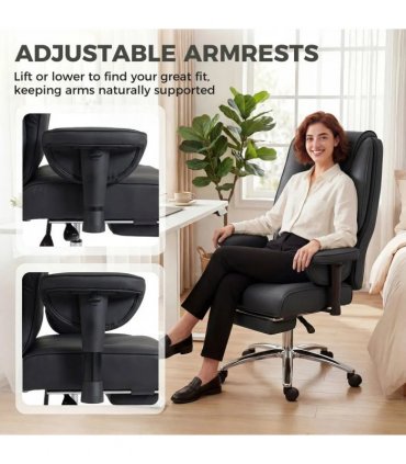 HOMCOM Executive Office Chair, Reclining Desk Chair with Footrest, Adjustable Armrests, Pet Friendly Faux Leather, Black