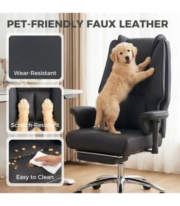 HOMCOM Executive Office Chair, Reclining Desk Chair with Footrest, Adjustable Armrests, Pet Friendly Faux Leather, Black