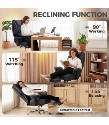 HOMCOM Executive Office Chair, Reclining Desk Chair with Footrest, Adjustable Armrests, Pet Friendly Faux Leather, Black