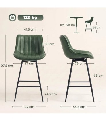 HOMCOM Set of 2 PU Leather Swivel Bar Stools - Dark Green