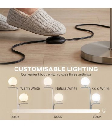 HOMCOM LED Floor Lamp, Modern Standing Lamp with 3 Colour Temperatures, Globe Glass Shades and Foot Switch, Silver Tone