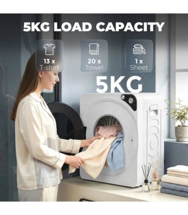 HOMCOM 5kg Vented Tumble Dryer, 1000W Compact Tumble Dryer with 5 Drying Modes, Stainless Steel Tub, White