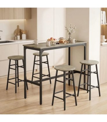 HOMCOM 5 Piece Bar Table Set with 4 Stools, Industrial Bar Table and Stool Set, Dining Table and Chair Set, Grey