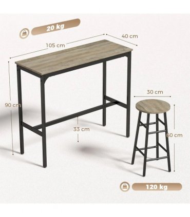 HOMCOM 5 Piece Bar Table Set with 4 Stools, Industrial Bar Table and Stool Set, Dining Table and Chair Set, Grey