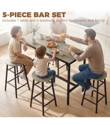 HOMCOM 5 Piece Bar Table Set with 4 Stools, Industrial Bar Table and Stool Set, Dining Table and Chair Set, Grey