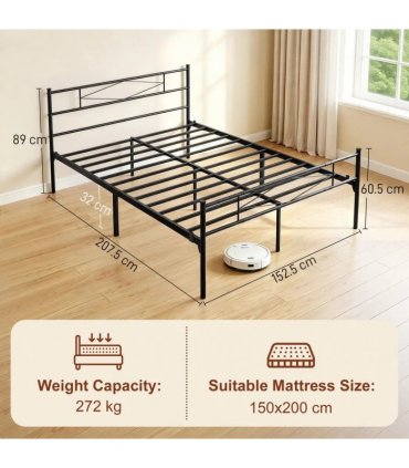 HOMCOM 5ft King Bed Frame with Headboard and Footboard, Metal Platform Bed Frame with 32 cm Underbed Storage, Black