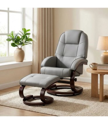 HOMCOM Swivel Recliner Chair with Footstool, PU Leather Recliner Armchair with Adjustable Back and Wood Frame, Grey