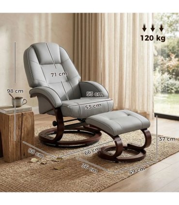 HOMCOM Swivel Recliner Chair with Footstool, PU Leather Recliner Armchair with Adjustable Back and Wood Frame, Grey