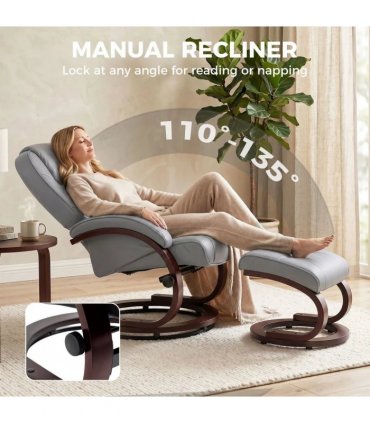 HOMCOM Swivel Recliner Chair with Footstool, PU Leather Recliner Armchair with Adjustable Back and Wood Frame, Grey