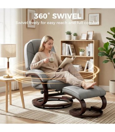 HOMCOM Swivel Recliner Chair with Footstool, PU Leather Recliner Armchair with Adjustable Back and Wood Frame, Grey