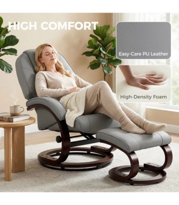 HOMCOM Swivel Recliner Chair with Footstool, PU Leather Recliner Armchair with Adjustable Back and Wood Frame, Grey