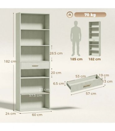 HOMCOM Bookcase Narrow Tall Space-Saving Bookshelf Drawer Open Shelves 60 x 24 x 182 cm Light Green