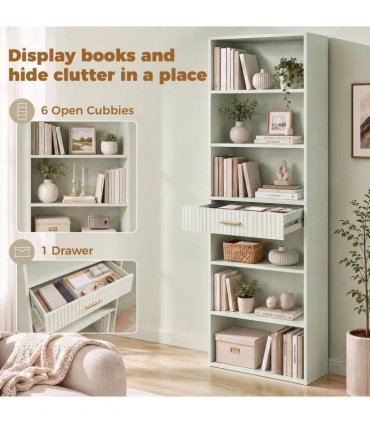 HOMCOM Bookcase Narrow Tall Space-Saving Bookshelf Drawer Open Shelves 60 x 24 x 182 cm Light Green