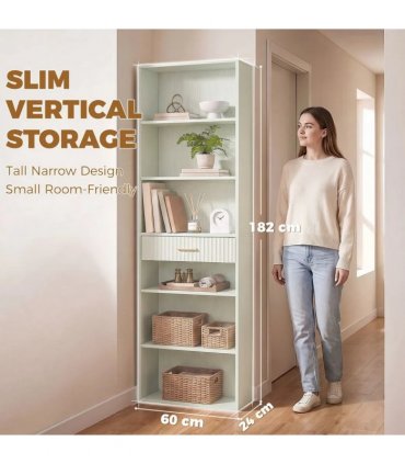 HOMCOM Bookcase Narrow Tall Space-Saving Bookshelf Drawer Open Shelves 60 x 24 x 182 cm Light Green
