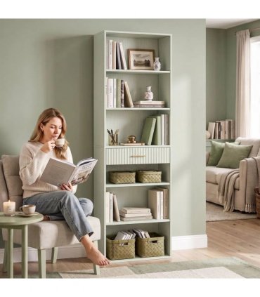 HOMCOM Bookcase Narrow Tall Space-Saving Bookshelf Drawer Open Shelves 60 x 24 x 182 cm Light Green