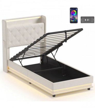 HOMCOM 3ft Single Bed Frame with Headboard, Platform Bed Frame with Hydraulic Storage, LED Lights and Charging Station, White