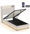 HOMCOM 3ft Single Bed Frame with Headboard, Platform Bed Frame with Hydraulic Storage, LED Lights and Charging Station, White
