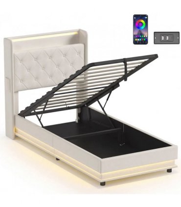 HOMCOM 3ft Single Bed Frame with Headboard, Platform Bed Frame with Hydraulic Storage, LED Lights and Charging Station, White