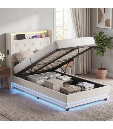 HOMCOM 3ft Single Bed Frame with Headboard, Platform Bed Frame with Hydraulic Storage, LED Lights and Charging Station, White