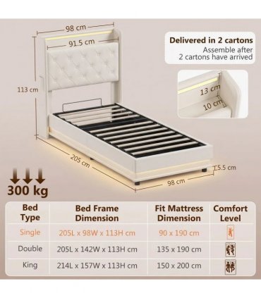 HOMCOM 3ft Single Bed Frame with Headboard, Platform Bed Frame with Hydraulic Storage, LED Lights and Charging Station, White
