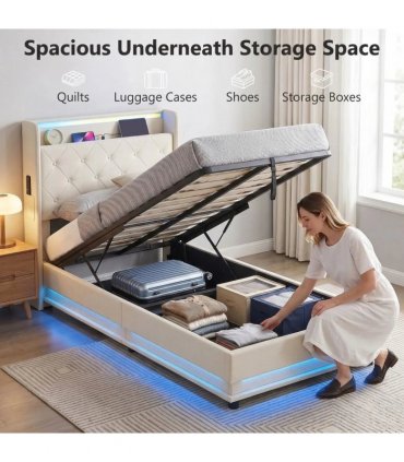 HOMCOM 3ft Single Bed Frame with Headboard, Platform Bed Frame with Hydraulic Storage, LED Lights and Charging Station, White