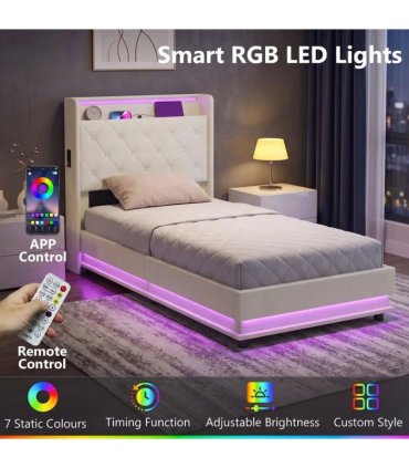 HOMCOM 3ft Single Bed Frame with Headboard, Platform Bed Frame with Hydraulic Storage, LED Lights and Charging Station, White