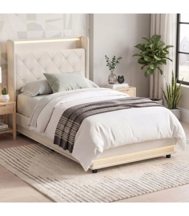 HOMCOM 3ft Single Bed Frame with Headboard, Platform Bed Frame with Hydraulic Storage, LED Lights and Charging Station, White