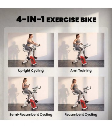SPORTNOW 4-In-1 Folding Exercise Bike with Resistance Bands, Bluetooth App, 8-Level Magnetic Resistance, LCD Display, Orange