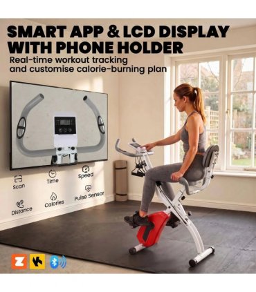 SPORTNOW 4-In-1 Folding Exercise Bike with Resistance Bands, Bluetooth App, 8-Level Magnetic Resistance, LCD Display, Orange
