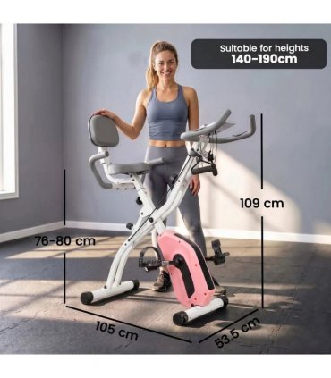 SPORTNOW 4-In-1 Folding Exercise Bike with Resistance Bands, Bluetooth App, 8-Level Magnetic Resistance, LCD Display, Pink