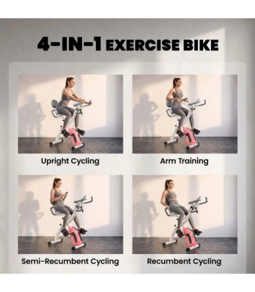 SPORTNOW 4-In-1 Folding Exercise Bike with Resistance Bands, Bluetooth App, 8-Level Magnetic Resistance, LCD Display, Pink
