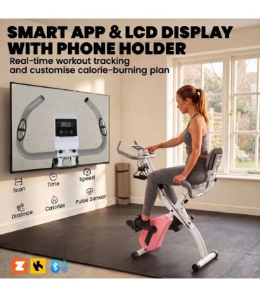 SPORTNOW 4-In-1 Folding Exercise Bike with Resistance Bands, Bluetooth App, 8-Level Magnetic Resistance, LCD Display, Pink