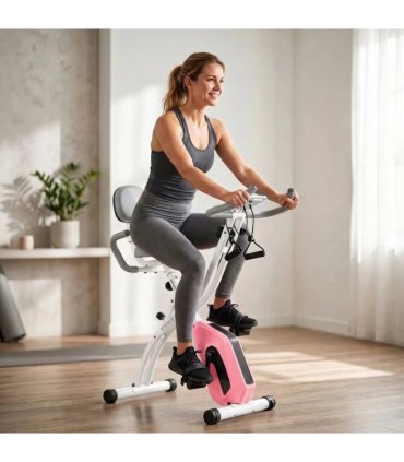SPORTNOW 4-In-1 Folding Exercise Bike with Resistance Bands, Bluetooth App, 8-Level Magnetic Resistance, LCD Display, Pink