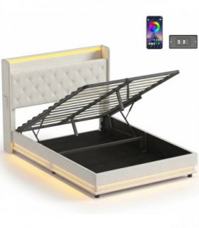 HOMCOM 4ft6 Double Bed Frame with Headboard, Platform Bed Frame with Hydraulic Storage, LED Lights and Charging Station, Cream