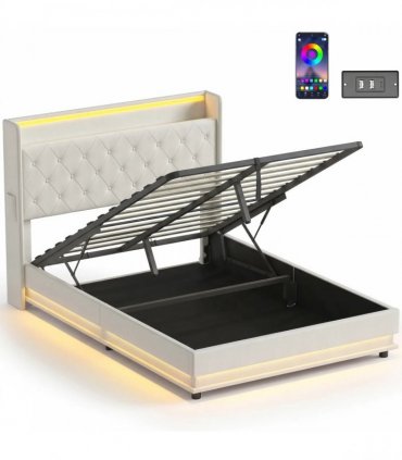 HOMCOM 4ft6 Double Bed Frame with Headboard, Platform Bed Frame with Hydraulic Storage, LED Lights and Charging Station, Cream