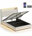 HOMCOM 4ft6 Double Bed Frame with Headboard, Platform Bed Frame with Hydraulic Storage, LED Lights and Charging Station, Cream