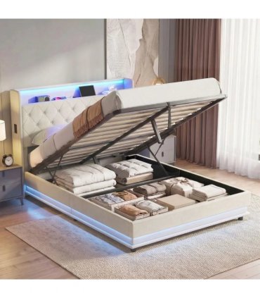 HOMCOM 4ft6 Double Bed Frame with Headboard, Platform Bed Frame with Hydraulic Storage, LED Lights and Charging Station, Cream