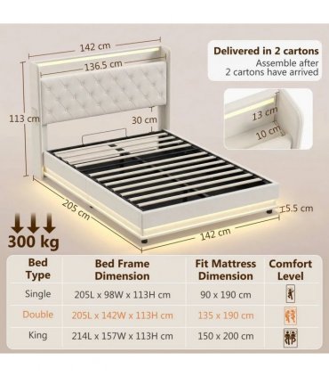 HOMCOM 4ft6 Double Bed Frame with Headboard, Platform Bed Frame with Hydraulic Storage, LED Lights and Charging Station, Cream